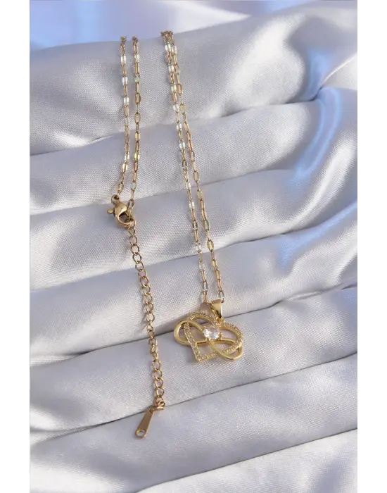  Zincir Altın  Zirkon Taşlı Kalp Figürlü Sonsuzluk Model Çelik Kolye