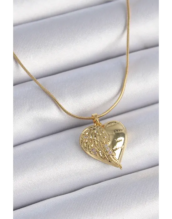  Zincir Altın  Zirkon Taşlı Kalp Kanat İşlemeli  Çelik Kolye