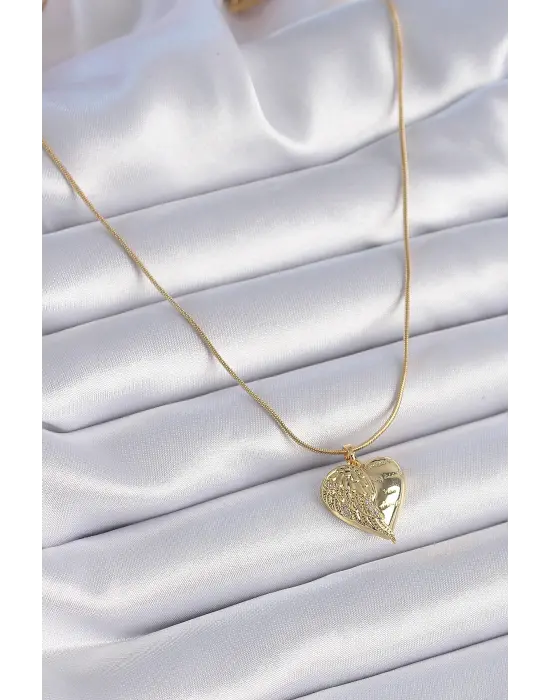  Zincir Altın  Zirkon Taşlı Kalp Kanat İşlemeli  Çelik Kolye
