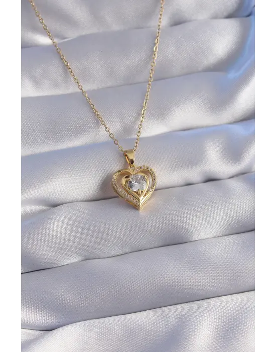  Zincir Altın  Zirkon Taşlı Kalp Çelik Kolye