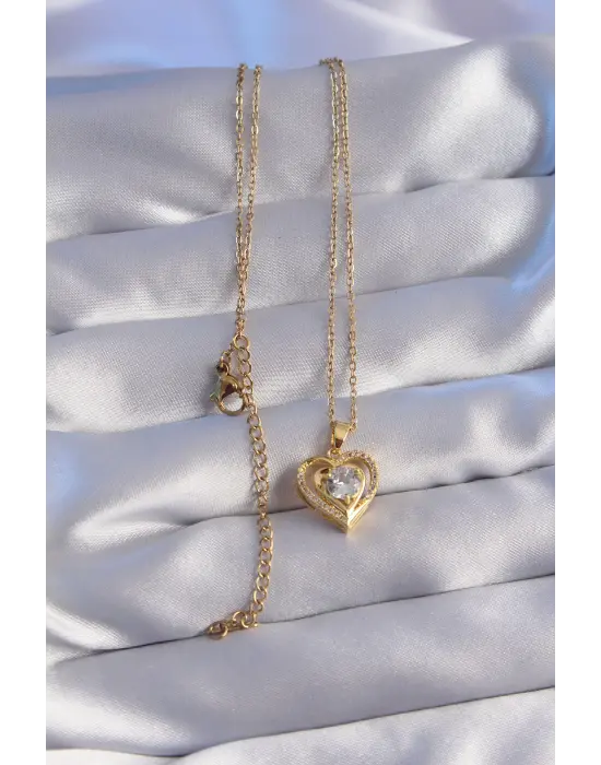 Zincir Altın  Zirkon Taşlı Kalp Çelik Kolye