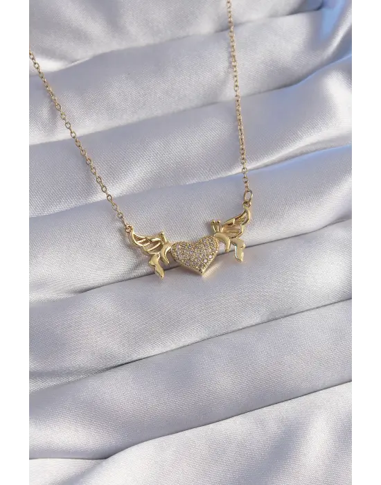  Zincir Altın  Zirkon Taşlı Kalp Model Kelebek Detay Çelik Kolye