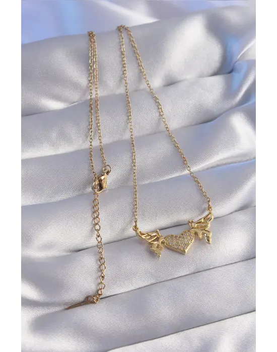  Zincir Altın  Zirkon Taşlı Kalp Model Kelebek Detay Çelik Kolye