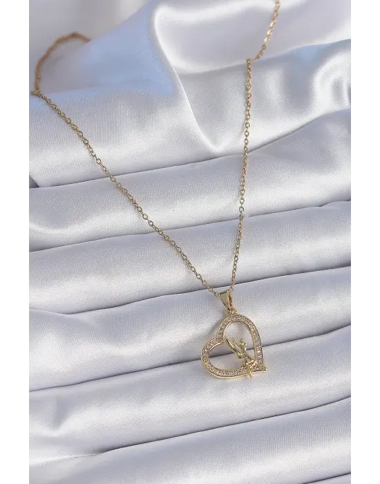  Zincir Altın  Zirkon Taşlı Kalp Model Melek Detay  Çelik Kolye