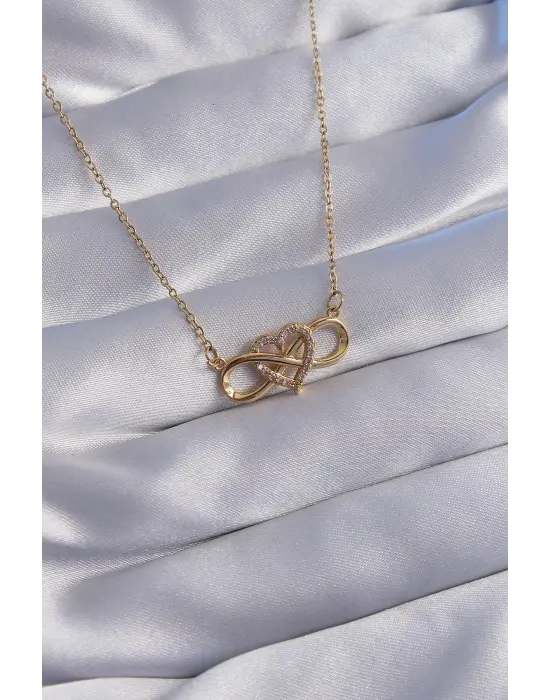  Zincir Altın  Zirkon Taşlı Kalp Model Sonsuzluk Çelik Kolye