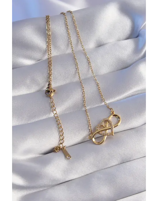  Zincir Altın  Zirkon Taşlı Kalp Model Sonsuzluk Çelik Kolye