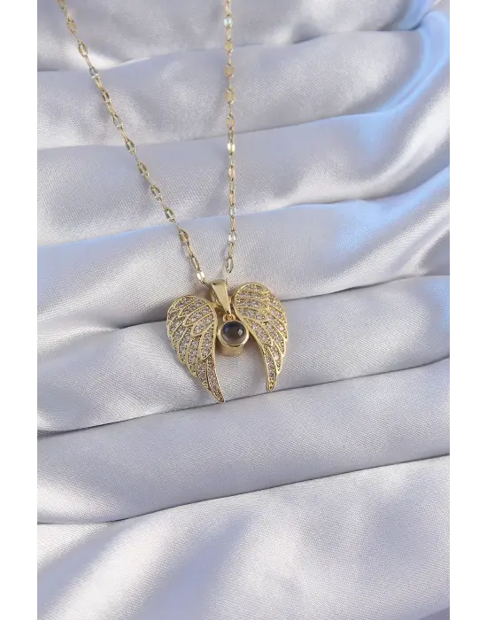  Zincir Altın  Zirkon Taşlı Kanat Figürlü Projeksiyon Çelik Kolye