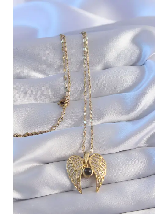  Zincir Altın  Zirkon Taşlı Kanat Figürlü Projeksiyon Çelik Kolye