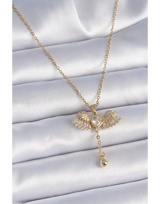  Zincir Altın  Zirkon Taşlı Kanat Model Sallantı Detay  Çelik Kolye