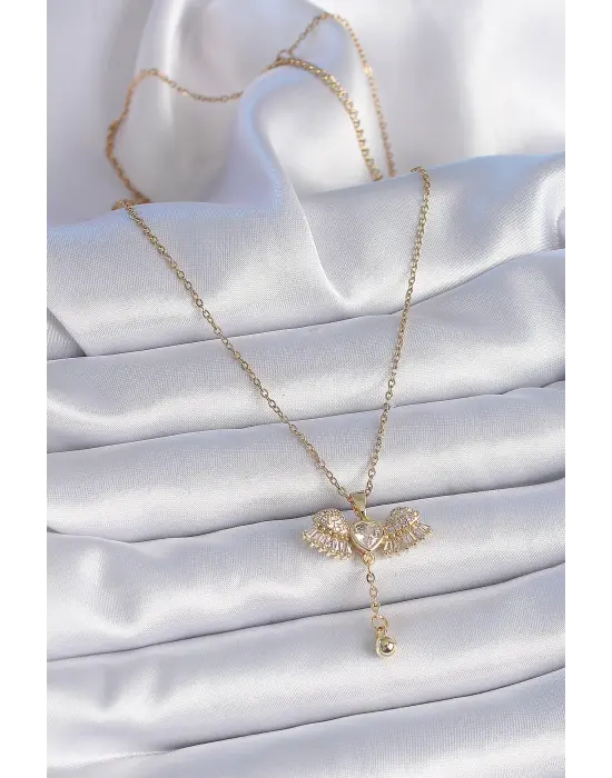  Zincir Altın  Zirkon Taşlı Kanat Model Sallantı Detay  Çelik Kolye