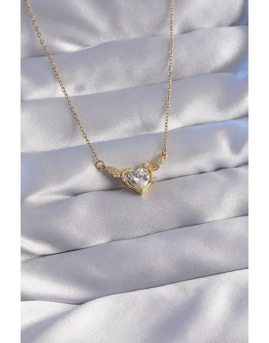  Zincir Altın  Zirkon Taşlı Kanatlı Kalp Çelik Kolye