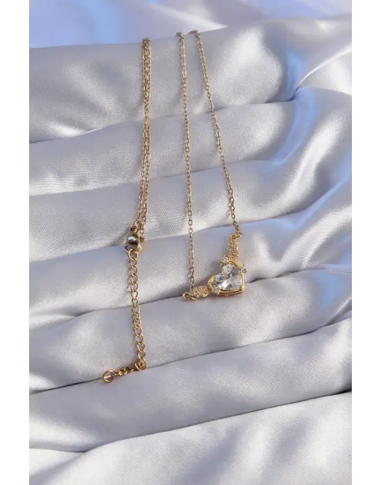  Zincir Altın  Zirkon Taşlı Kanatlı Kalp Çelik Kolye