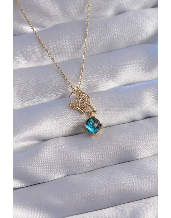  Zincir Altın  Zirkon Taşlı Kelebek Figürlü Gezegen Çelik Kolye