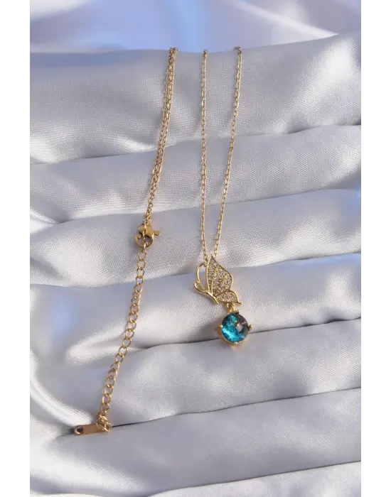  Zincir Altın  Zirkon Taşlı Kelebek Figürlü Gezegen Çelik Kolye