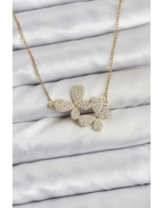 316L Çelik Zincir Gold Renk Zirkon Taşlı Kelebek Model Kadın Kolye