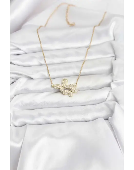 316L Çelik Zincir Gold Renk Zirkon Taşlı Kelebek Model Kadın Kolye