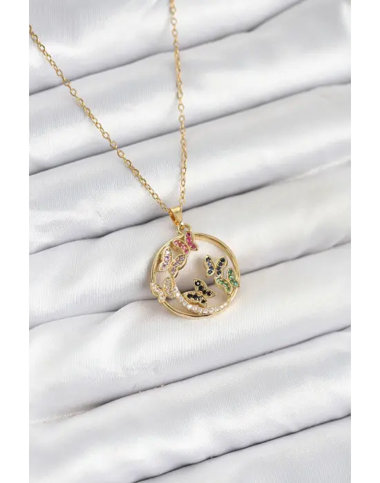 316L Çelik Zincir Gold Renk Zirkon Taşlı Kelebekli Kadın Kolye