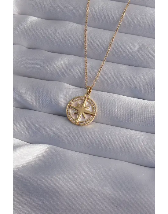  Zincir Altın  Zirkon Taşlı Kutup Yıldızı Çelik Kolye