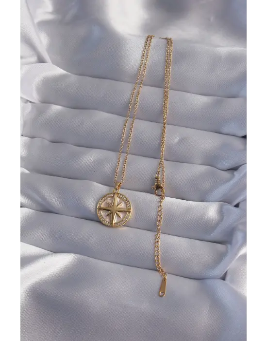  Zincir Altın  Zirkon Taşlı Kutup Yıldızı Çelik Kolye