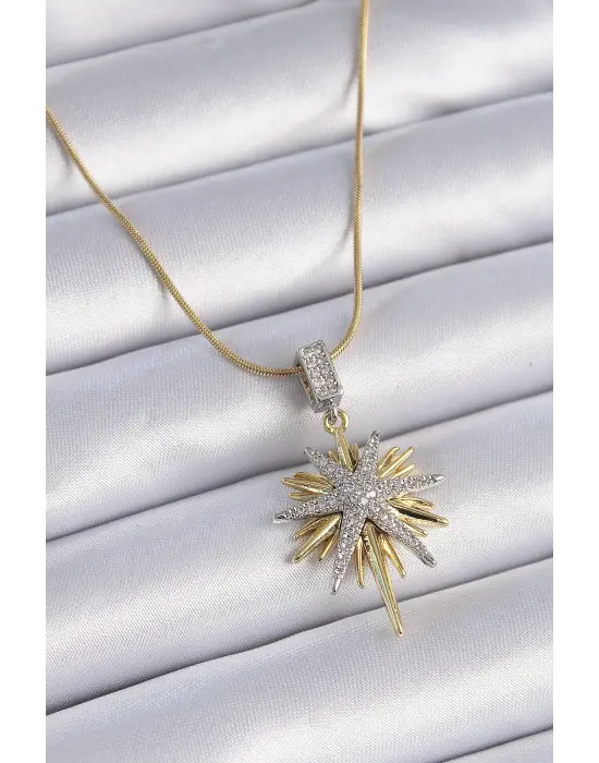  Zincir Altın  Zirkon Taşlı Kutup Yıldızı Model  Çelik Kolye