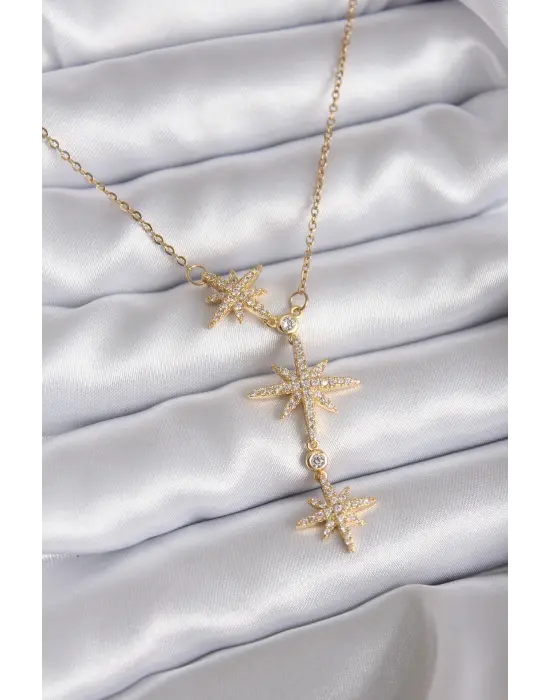 316L Çelik Zincir Gold Renk Zirkon Taşlı Kutup Yıldızı Model Kadın Kolye