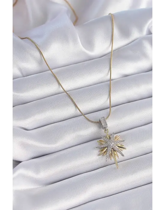  Zincir Altın  Zirkon Taşlı Kutup Yıldızı Model  Çelik Kolye