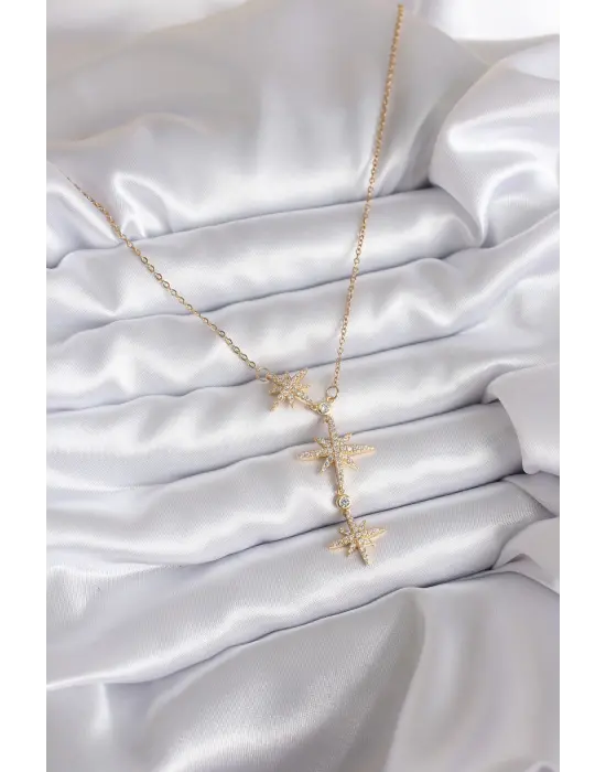 316L Çelik Zincir Gold Renk Zirkon Taşlı Kutup Yıldızı Model Kadın Kolye