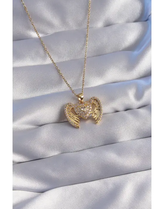  Zincir Altın  Zirkon Taşlı Melek Kanatlı Kalp Çelik Kolye