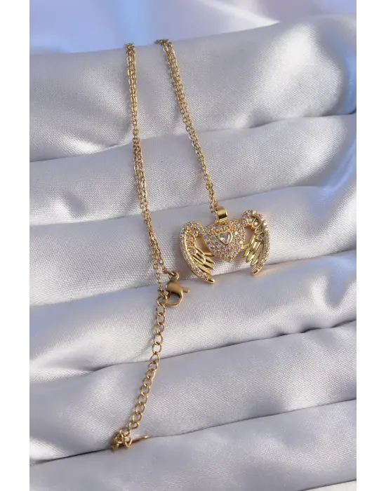  Zincir Altın  Zirkon Taşlı Melek Kanatlı Kalp Çelik Kolye