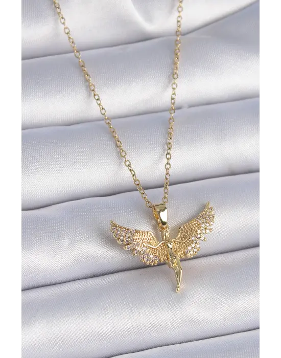  Zincir Altın  Zirkon Taşlı Melek Model  Çelik Kolye