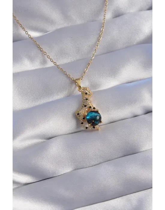  Zincir Altın  Zirkon Taşlı Panter Figürlü Gezegen Çelik Kolye