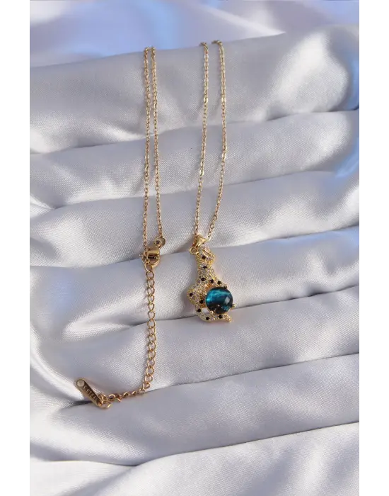  Zincir Altın  Zirkon Taşlı Panter Figürlü Gezegen Çelik Kolye