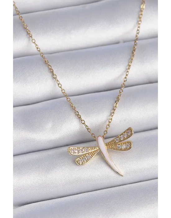  Zincir Altın  Zirkon Taşlı Pembe Sedefli Yusufçuk Model  Çelik Kolye