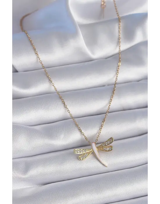  Zincir Altın  Zirkon Taşlı Pembe Sedefli Yusufçuk Model  Çelik Kolye