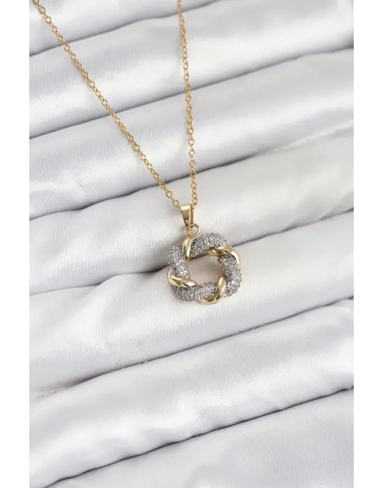 316L Çelik Zincir Gold Renk Zirkon Taşlı Sarmal Model Kadın Kolye