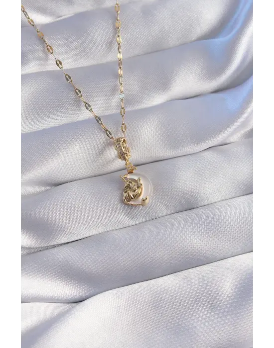  Zincir Altın  Zirkon Taşlı Sedefli Ay Figürlü Çelik Kolye