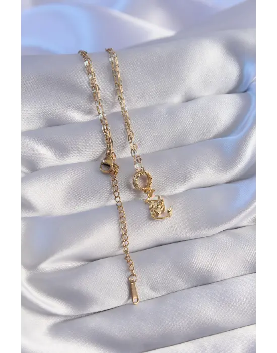  Zincir Altın  Zirkon Taşlı Sedefli Ay Figürlü Çelik Kolye