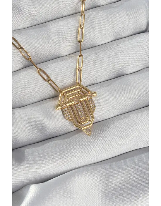  Zincir Altın  Zirkon Taşlı Serenay Çelik Kolyesi