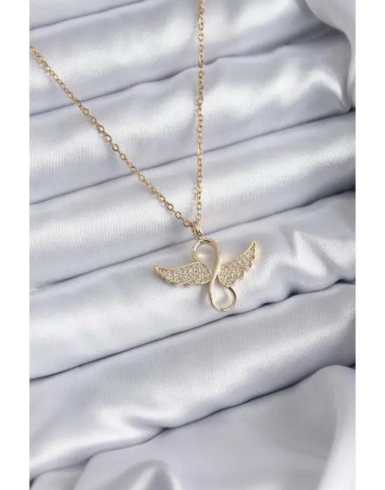  Zincir Altın  Zirkon Taşlı Sonsuzluk Kanat Model  Çelik Kolye