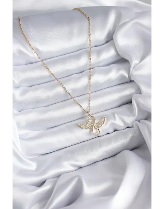  Zincir Altın  Zirkon Taşlı Sonsuzluk Kanat Model  Çelik Kolye