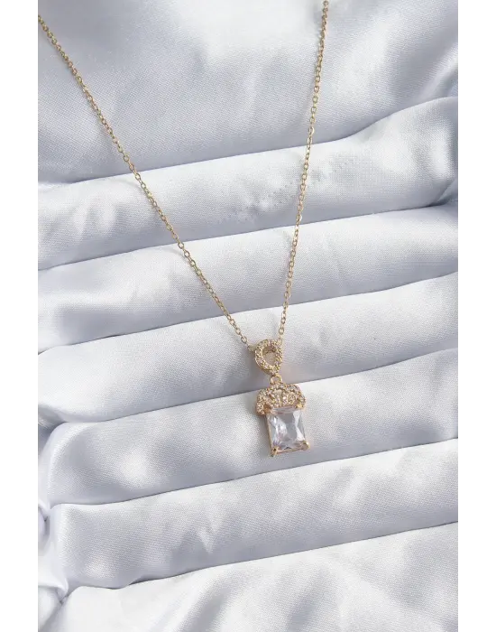  Zincir Altın  Zirkon Taşlı Taç Model  Çelik Kolye