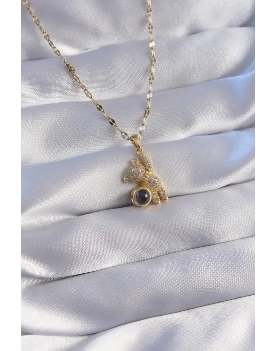  Zincir Altın  Zirkon Taşlı Teddy Figürlü Projeksiyon Çelik Kolye