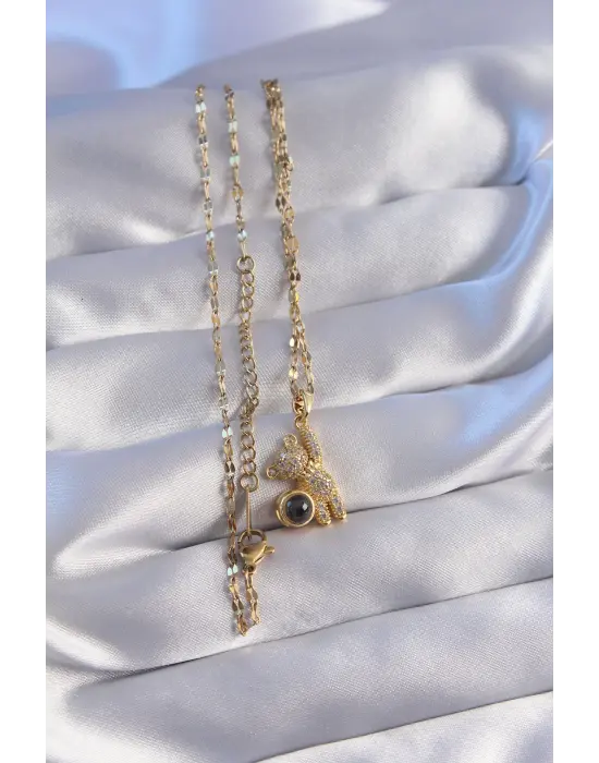  Zincir Altın  Zirkon Taşlı Teddy Figürlü Projeksiyon Çelik Kolye