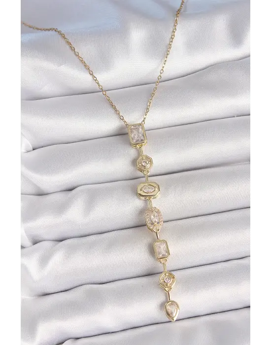 316L Çelik Zincir Gold Renk Zirkon Taşlı Y Kolye