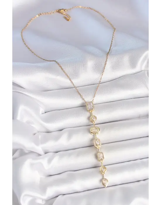 316L Çelik Zincir Gold Renk Zirkon Taşlı Y Kolye