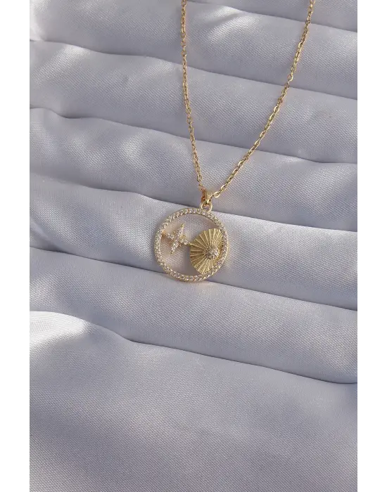  Zincir Altın  Zirkon Taşlı Yıldız Figürlü Oval Çelik Kolye