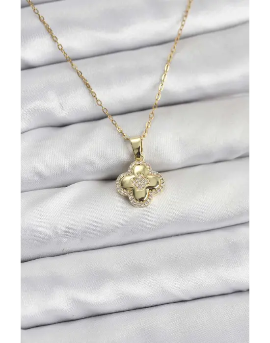 316L Çelik Zincir Gold Renk Zirkon Taşlı Yonca Model Kadın Kolye