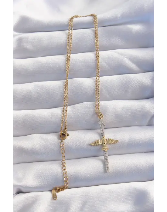  Zincir Altın li Zirkon Taşlı Anka Kuşu Çelik Kolye