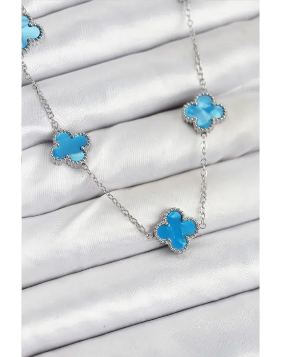 316L Çelik Zincir Gümüş Buz Mavisi Renk Yonca Kadın Kolye