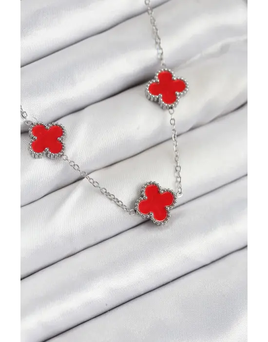 316L Çelik Zincir Gümüş Kırmızı Renk Yonca Kadın Kolye